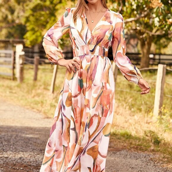 2024‎ Fall Boho Maxi Dress - Long Sleeve, V Neck, Flowy, Printed Beach Style - Picture 5 of 6